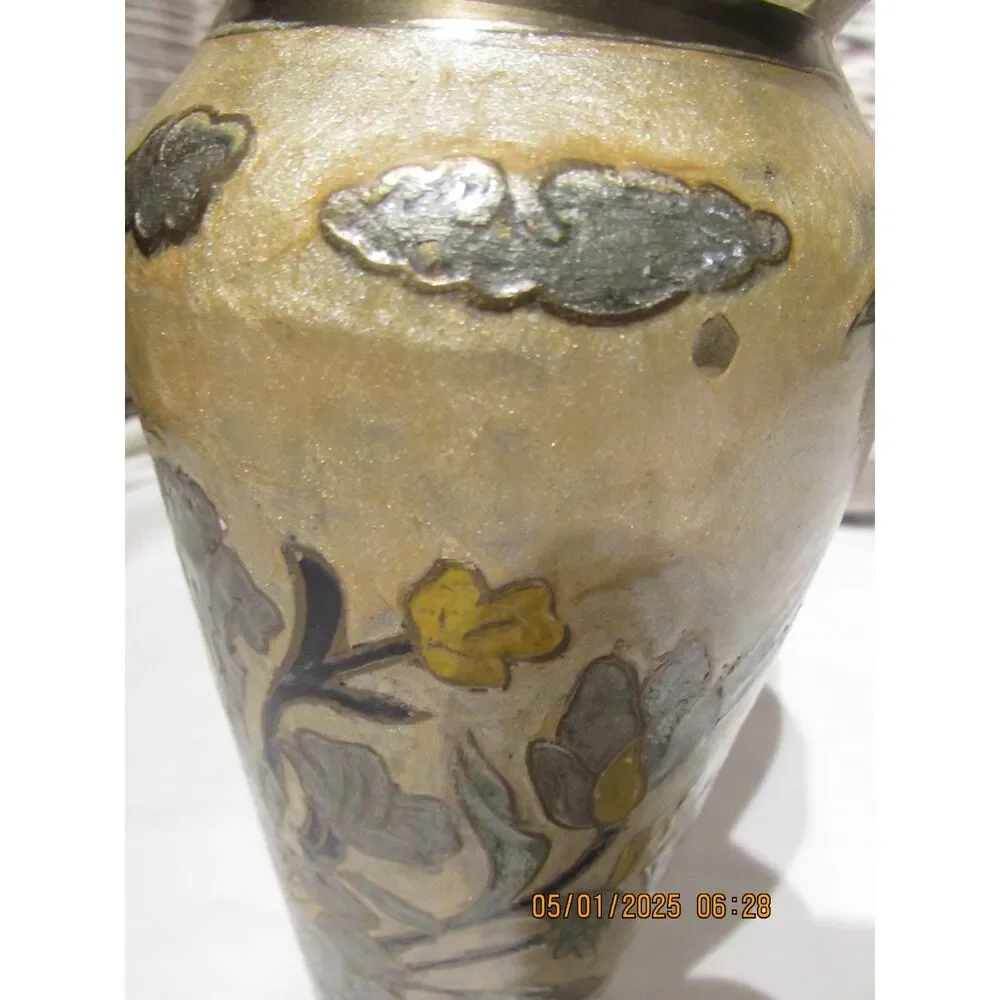 Vintage vase cloisonne enamel on copper floral design gold color flowers